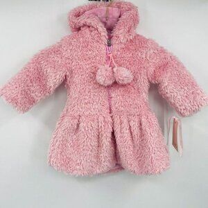 NEW Widgeon Girls Size 2T Pink Faux Fur Hooded Pom Pom Coat Winter Fleece Lined